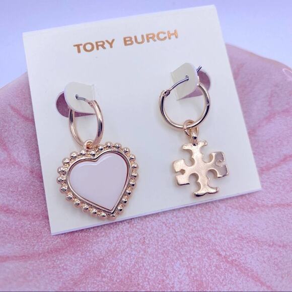 NWOT Tory Burch Gold Mix Match Heart & Double T Hoop Earrings - Picture 1 of 9